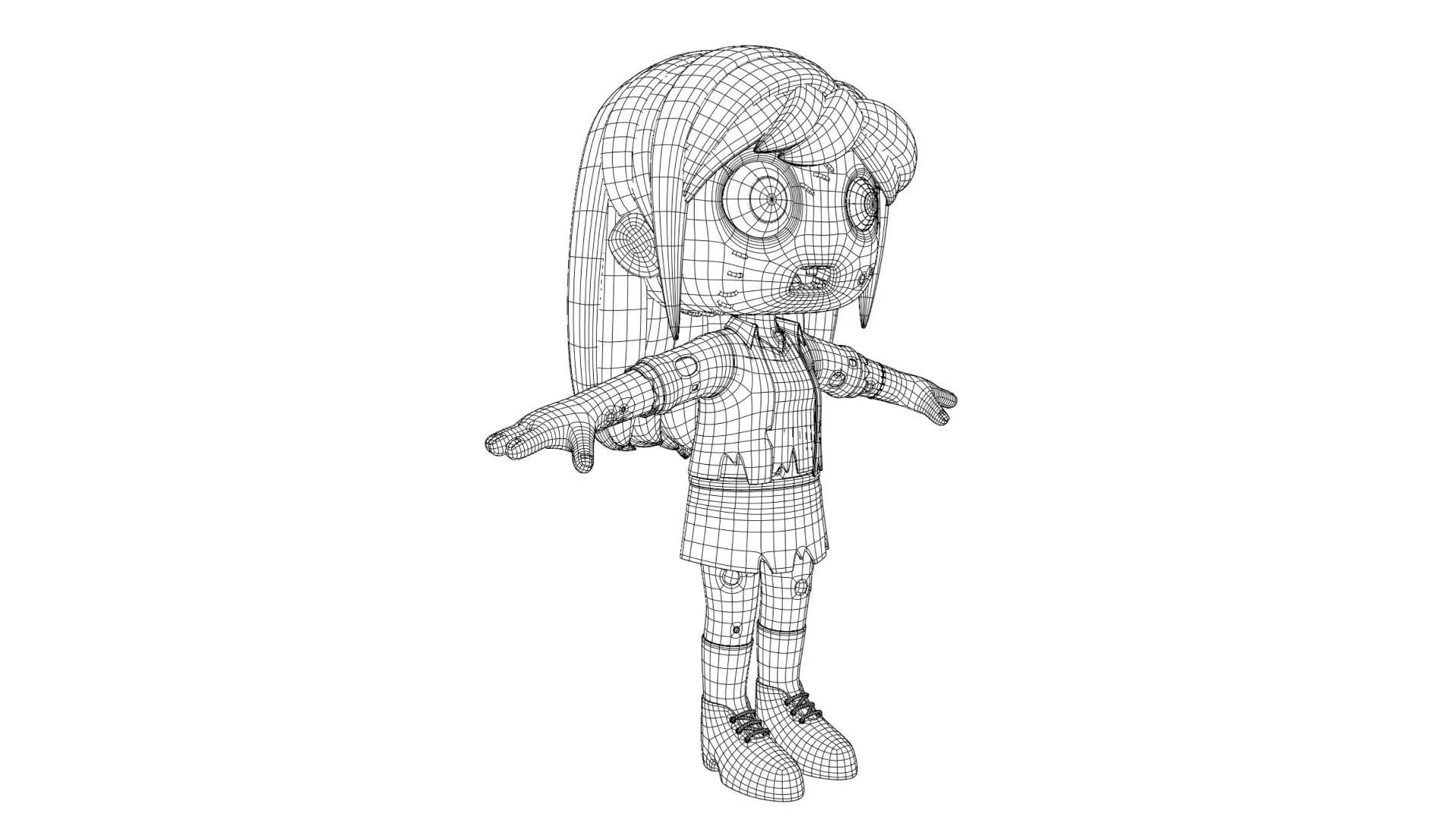 Cartoon Female Zombie clean low-poly quad topology wireframe mesh